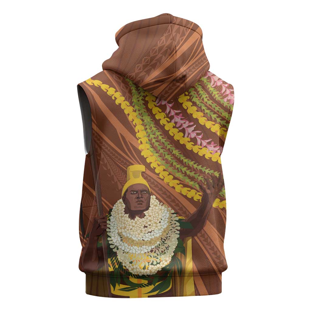 Hawaii King Kamehameha Sleeveless Hoodie Hawaiian Kakau Pattern With Leis LT05 - Polynesian Pride