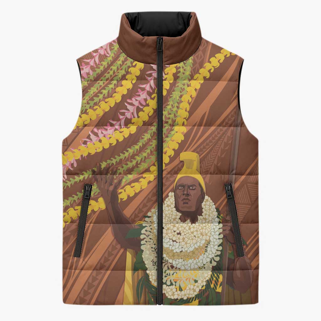 Hawaii King Kamehameha Sleeveless Puffer Jacket Hawaiian Kakau Pattern With Leis LT05 Unisex Brown - Polynesian Pride