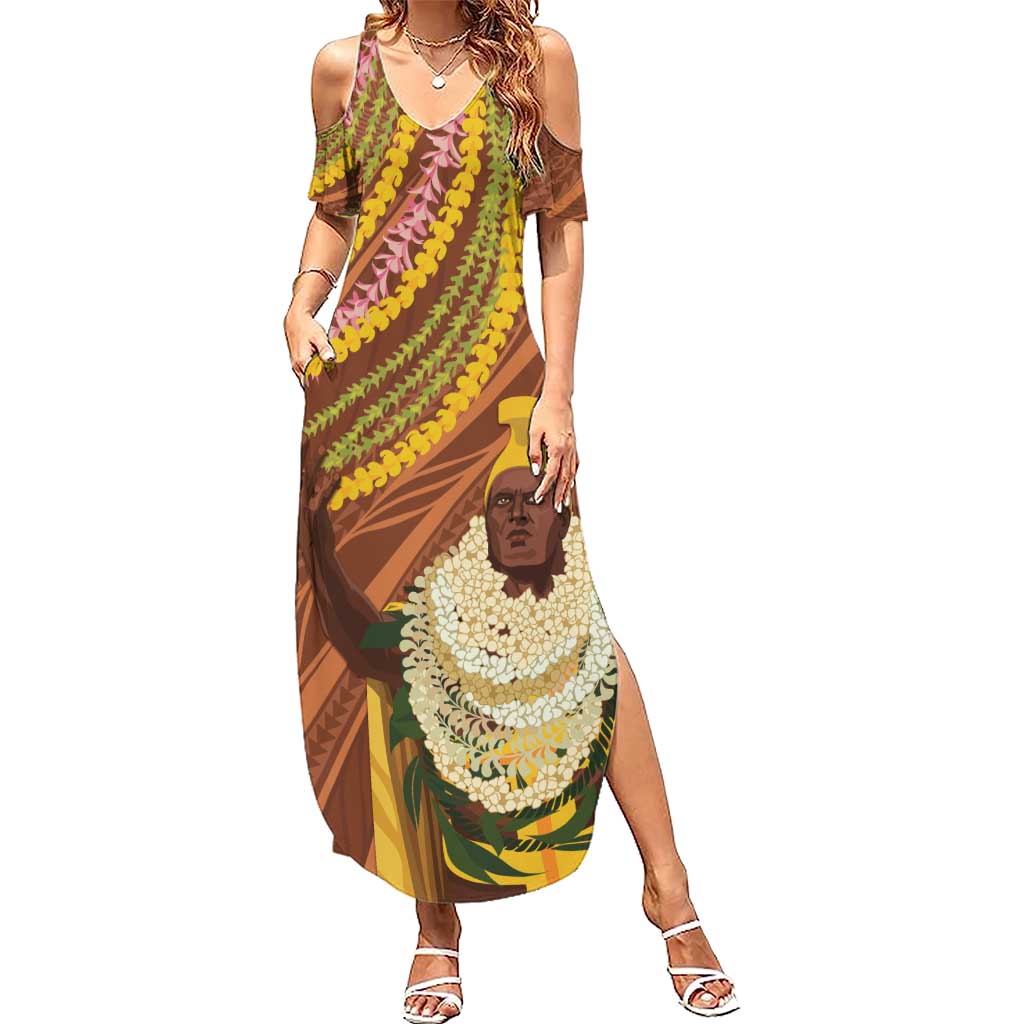 Hawaii King Kamehameha Summer Maxi Dress Hawaiian Kakau Pattern With Leis LT05 Women Brown - Polynesian Pride