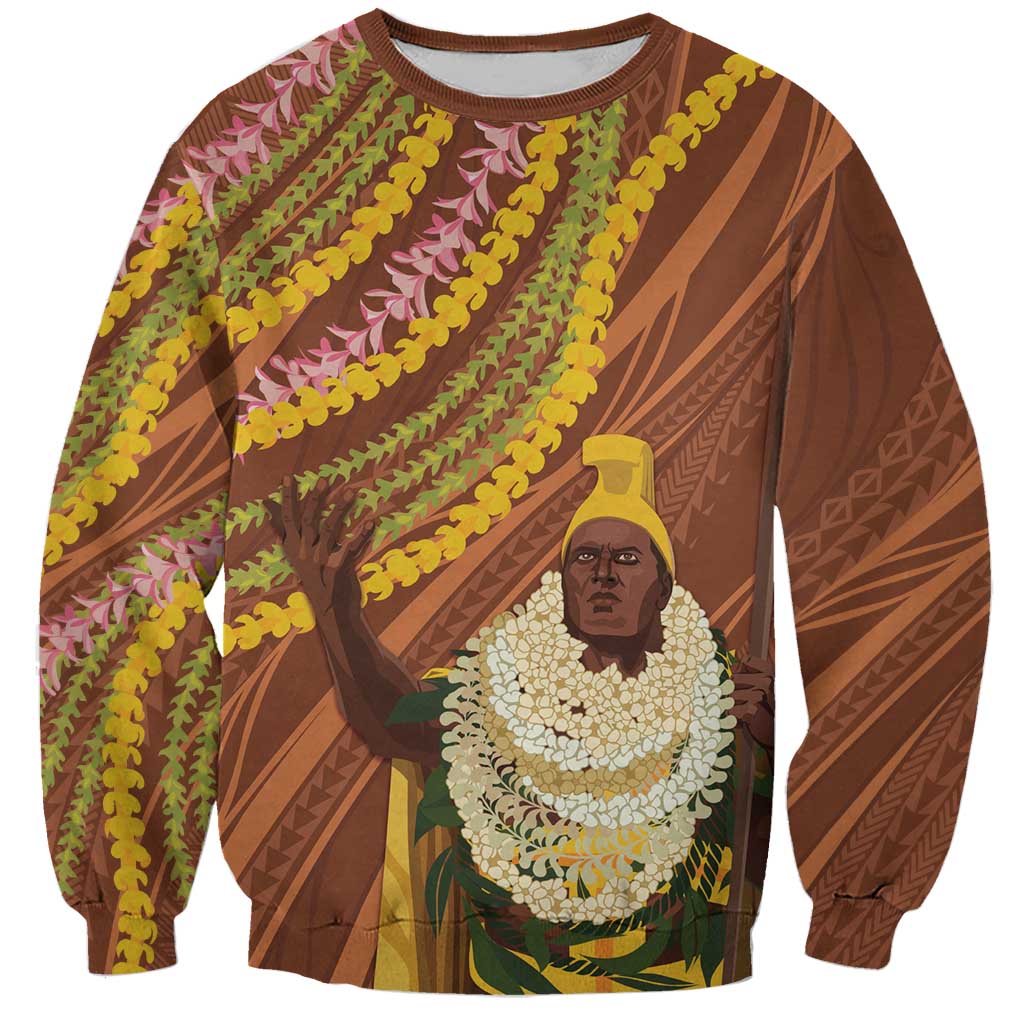 Hawaii King Kamehameha Sweatshirt Hawaiian Kakau Pattern With Leis LT05 Unisex Brown - Polynesian Pride