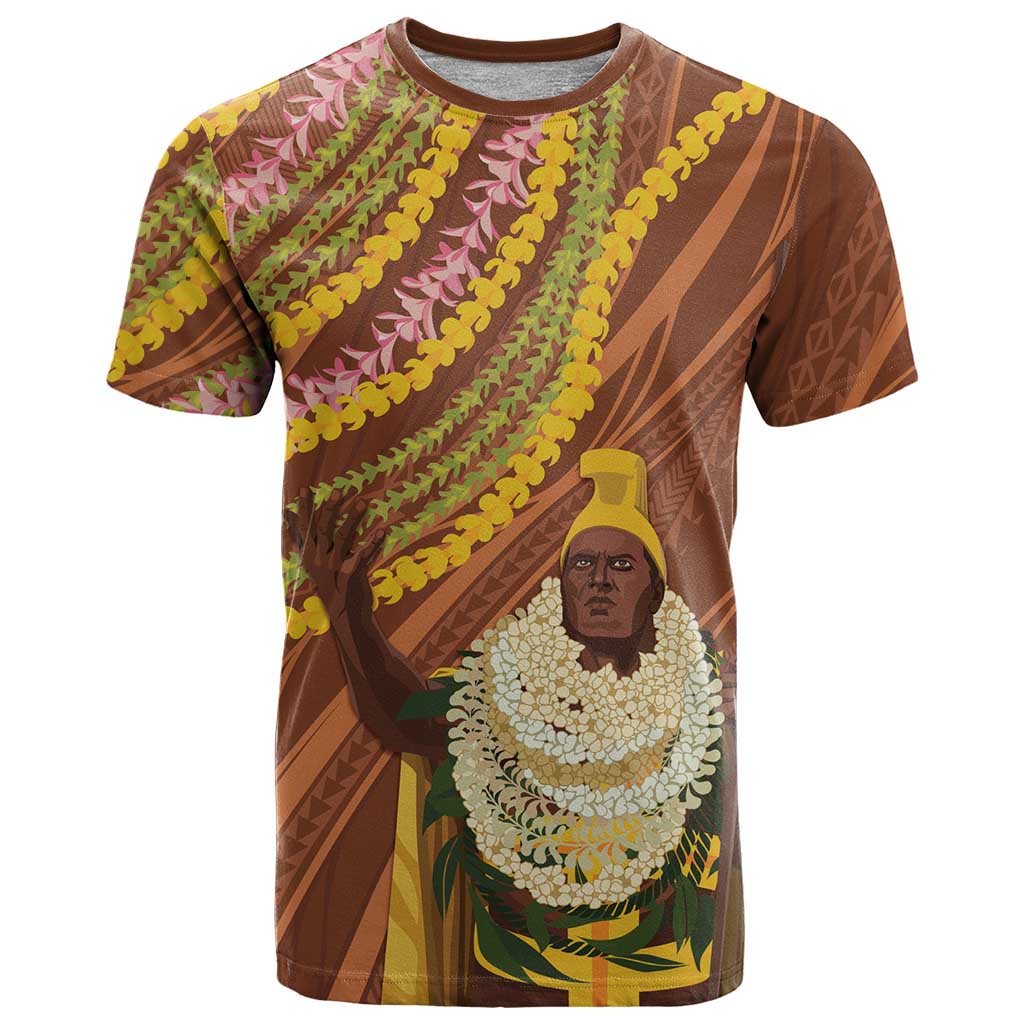 Hawaii King Kamehameha T Shirt Hawaiian Kakau Pattern With Leis LT05 Brown - Polynesian Pride