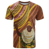 Hawaii King Kamehameha T Shirt Hawaiian Kakau Pattern With Leis LT05 Brown - Polynesian Pride