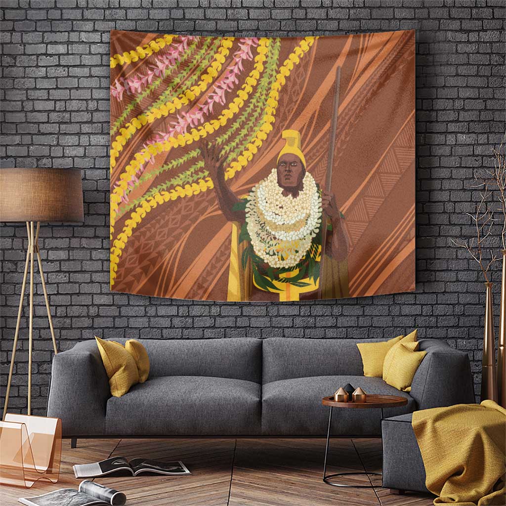 Hawaii King Kamehameha Tapestry Hawaiian Kakau Pattern With Leis LT05 Brown - Polynesian Pride