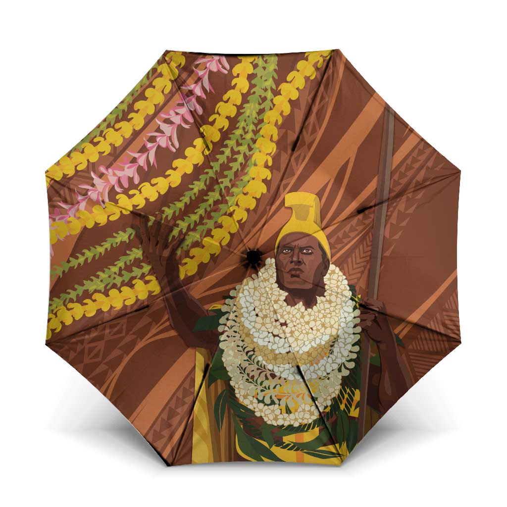 Hawaii King Kamehameha Umbrella Hawaiian Kakau Pattern With Leis LT05 One Size Folded 11.42 inch Opened Diameter 37.4 inch Brown - Polynesian Pride