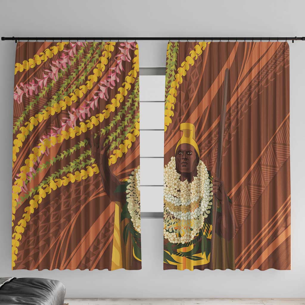 Hawaii King Kamehameha Window Curtain Hawaiian Kakau Pattern With Leis LT05 With Hooks Brown - Polynesian Pride