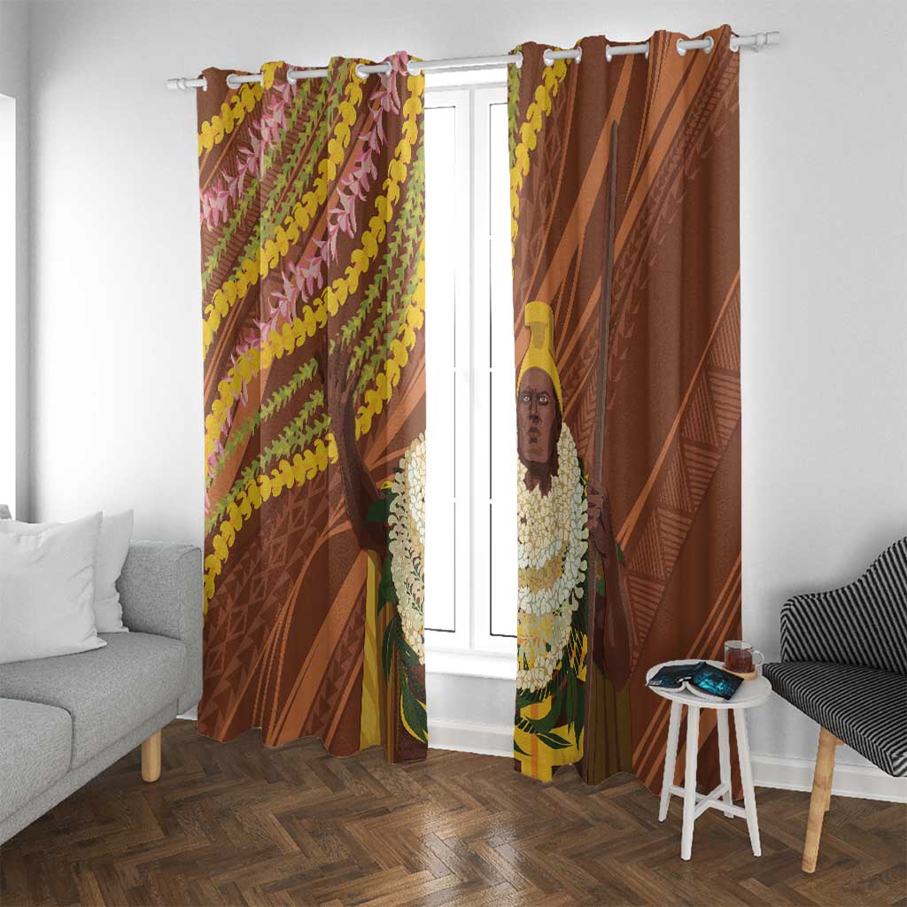 Hawaii King Kamehameha Window Curtain Hawaiian Kakau Pattern With Leis LT05 With Grommets Brown - Polynesian Pride