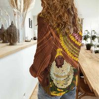 Hawaii King Kamehameha Women Casual Shirt Hawaiian Kakau Pattern With Leis LT05 - Polynesian Pride