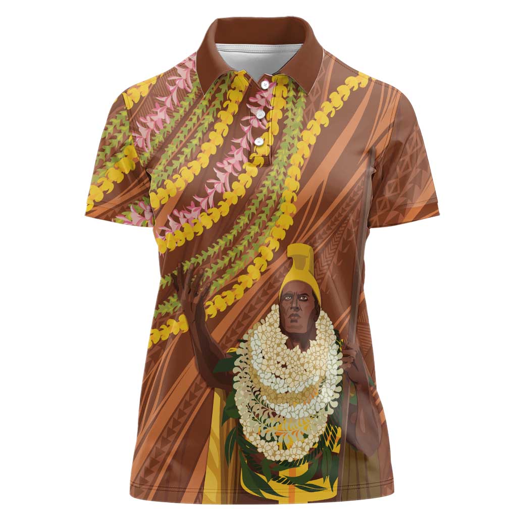 Hawaii King Kamehameha Women Polo Shirt Hawaiian Kakau Pattern With Leis