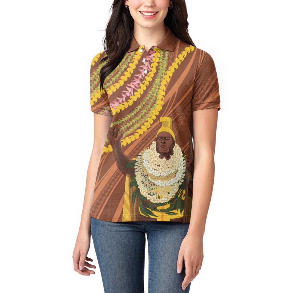 Hawaii King Kamehameha Women Polo Shirt Hawaiian Kakau Pattern With Leis