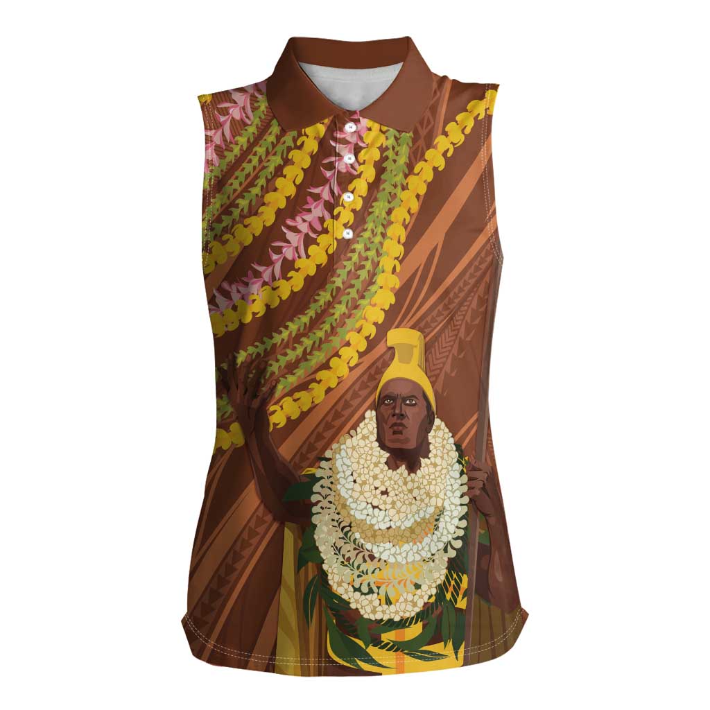 Hawaii King Kamehameha Women Sleeveless Polo Shirt Hawaiian Kakau Pattern With Leis LT05 Female Brown - Polynesian Pride