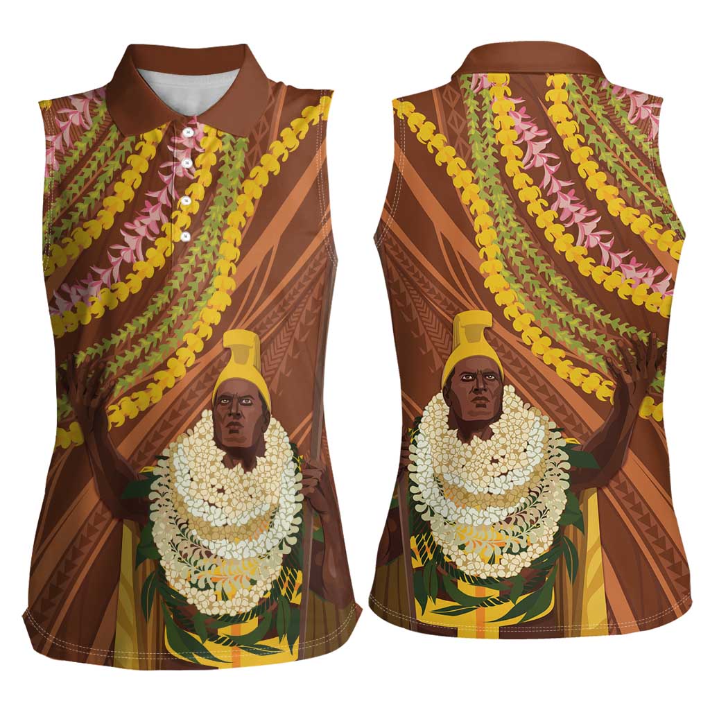 Hawaii King Kamehameha Women Sleeveless Polo Shirt Hawaiian Kakau Pattern With Leis LT05 - Polynesian Pride