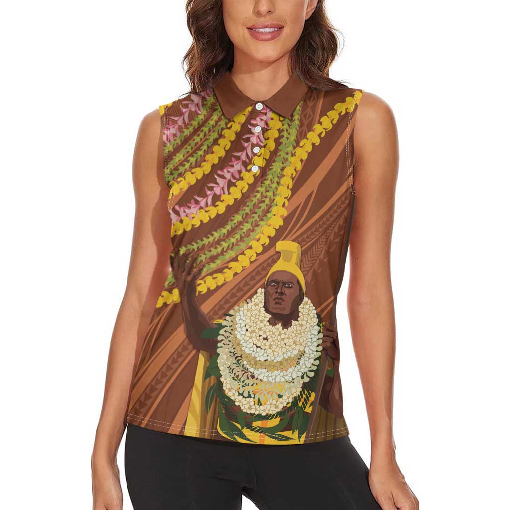 Hawaii King Kamehameha Women Sleeveless Polo Shirt Hawaiian Kakau Pattern With Leis LT05 - Polynesian Pride