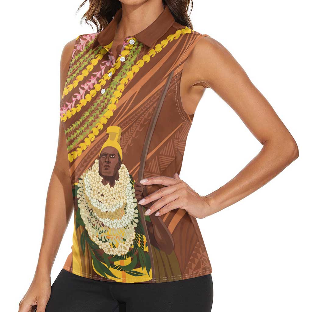 Hawaii King Kamehameha Women Sleeveless Polo Shirt Hawaiian Kakau Pattern With Leis LT05 - Polynesian Pride
