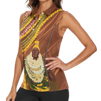Hawaii King Kamehameha Women Sleeveless Polo Shirt Hawaiian Kakau Pattern With Leis LT05 - Polynesian Pride