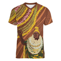 Hawaii King Kamehameha Women V-Neck T-Shirt Hawaiian Kakau Pattern With Leis LT05 Female Brown - Polynesian Pride