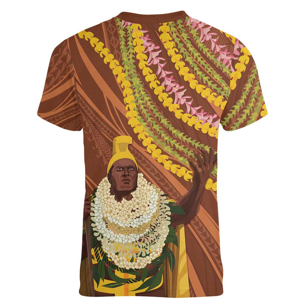 Hawaii King Kamehameha Women V-Neck T-Shirt Hawaiian Kakau Pattern With Leis LT05 - Polynesian Pride