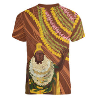 Hawaii King Kamehameha Women V-Neck T-Shirt Hawaiian Kakau Pattern With Leis LT05 - Polynesian Pride