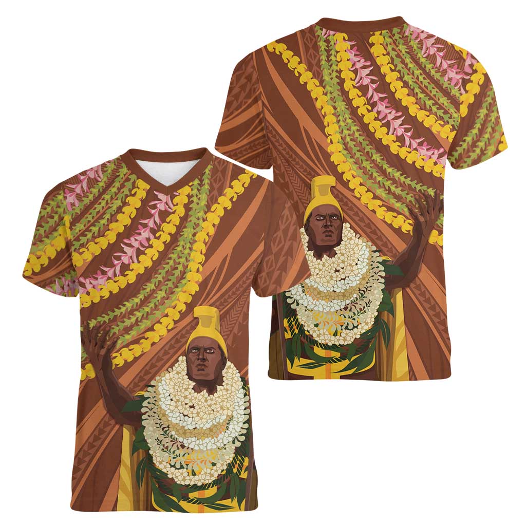 Hawaii King Kamehameha Women V-Neck T-Shirt Hawaiian Kakau Pattern With Leis LT05 - Polynesian Pride