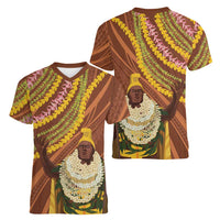 Hawaii King Kamehameha Women V-Neck T-Shirt Hawaiian Kakau Pattern With Leis LT05 - Polynesian Pride