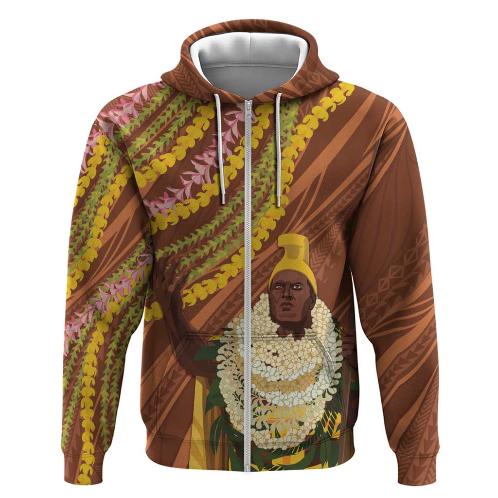 Hawaii King Kamehameha Zip Hoodie Hawaiian Kakau Pattern With Leis LT05 Zip Hoodie Brown - Polynesian Pride