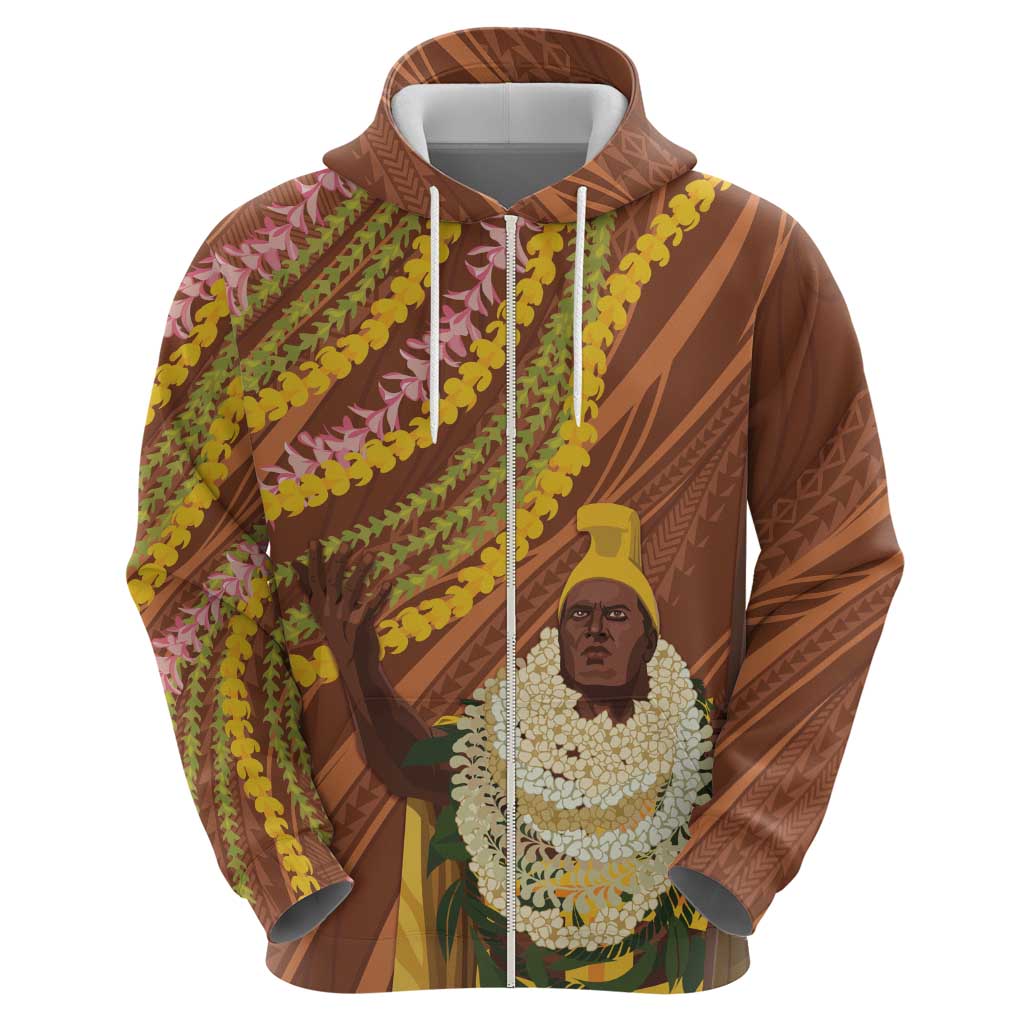 Hawaii King Kamehameha Zip Hoodie Hawaiian Kakau Pattern With Leis LT05 - Polynesian Pride