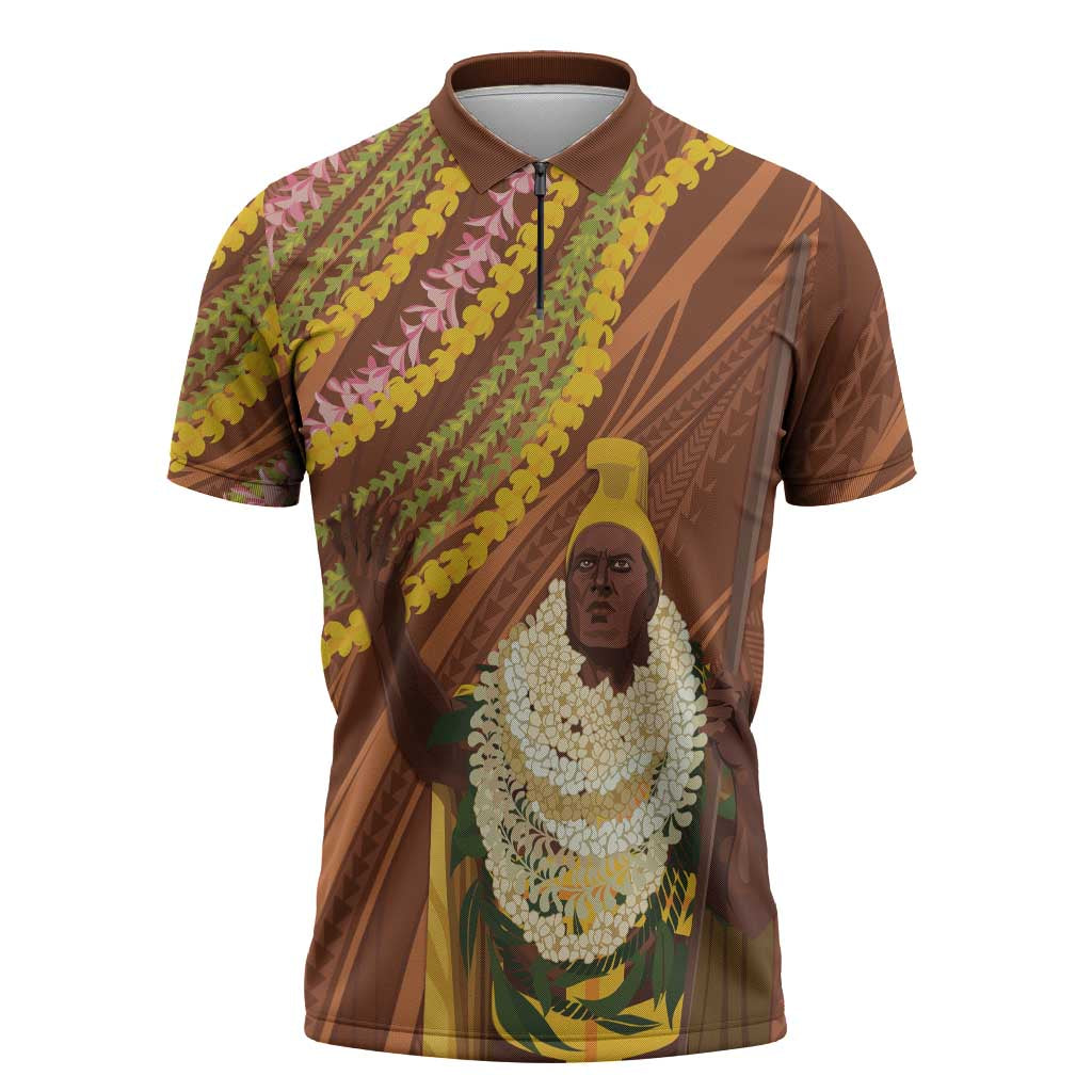 Hawaii King Kamehameha Zipper Polo Shirt Hawaiian Kakau Pattern With Leis LT05 Brown - Polynesian Pride