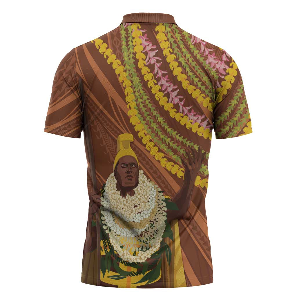 Hawaii King Kamehameha Zipper Polo Shirt Hawaiian Kakau Pattern With Leis LT05 - Polynesian Pride
