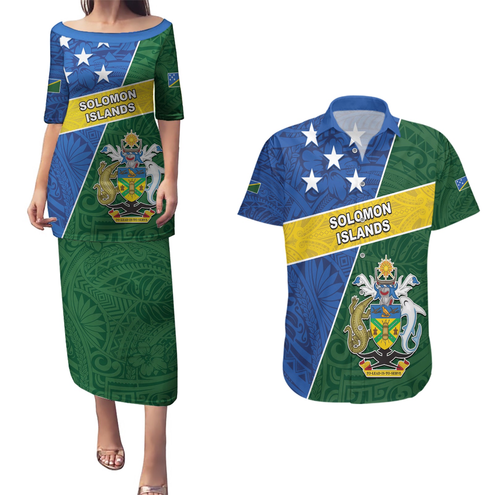 Personalised Solomon Islands Independence Day Couples Matching Puletasi and Hawaiian Shirt With Coat Of Arms