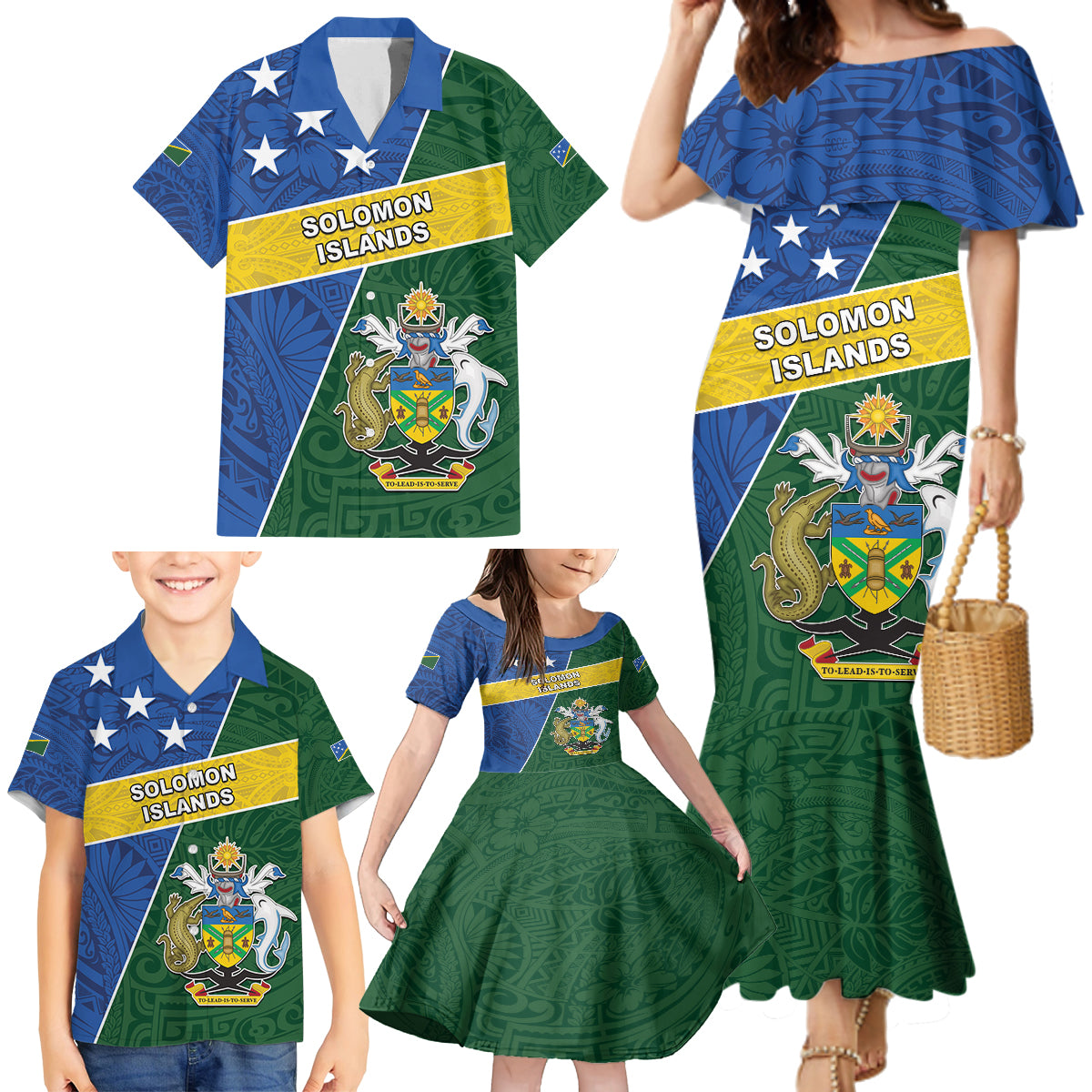 Personalised Solomon Islands Independence Day Family Matching Mermaid Dress and Hawaiian Shirt With Coat Of Arms