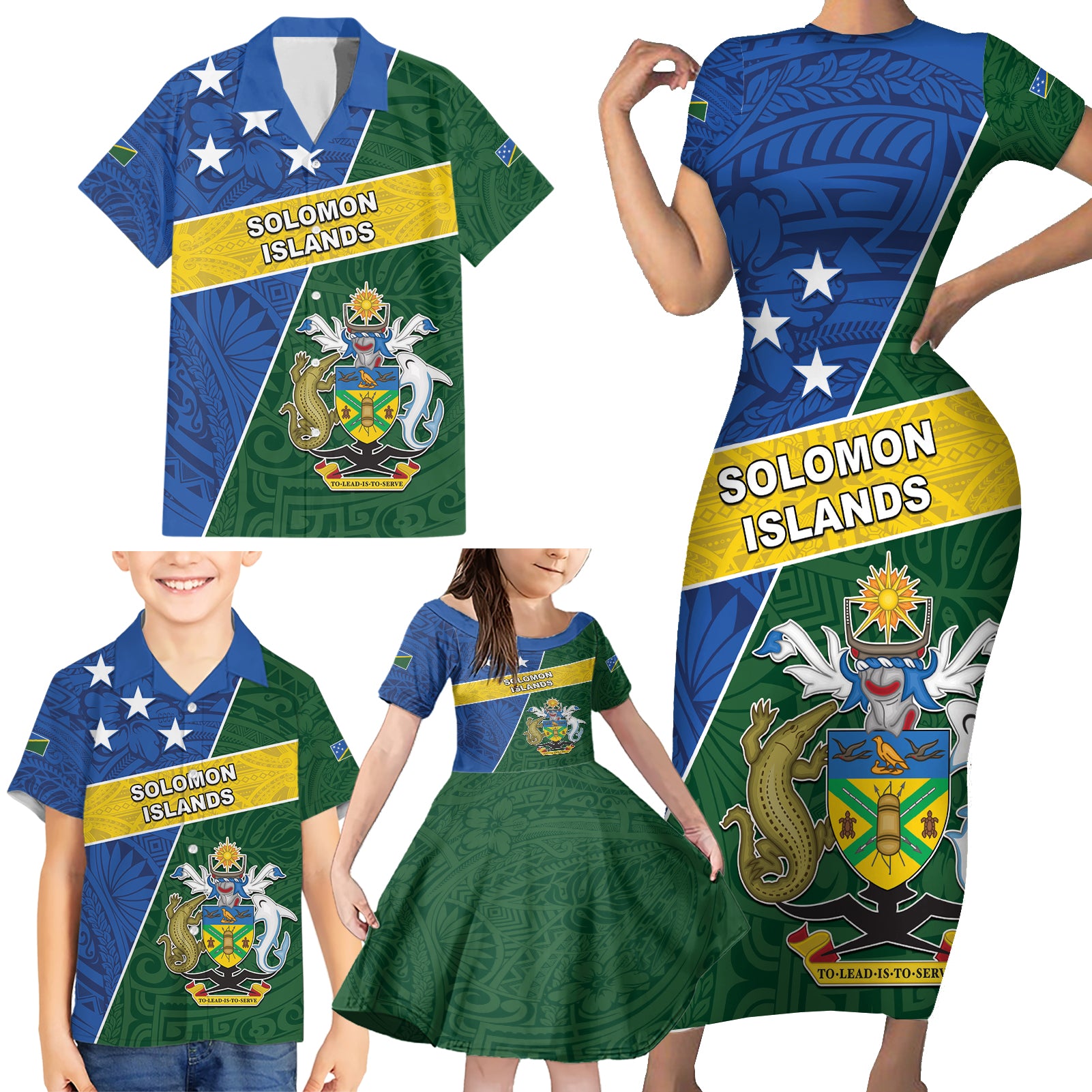 Personalised Solomon Islands Independence Day Family Matching Short Sleeve Bodycon Dress and Hawaiian Shirt With Coat Of Arms