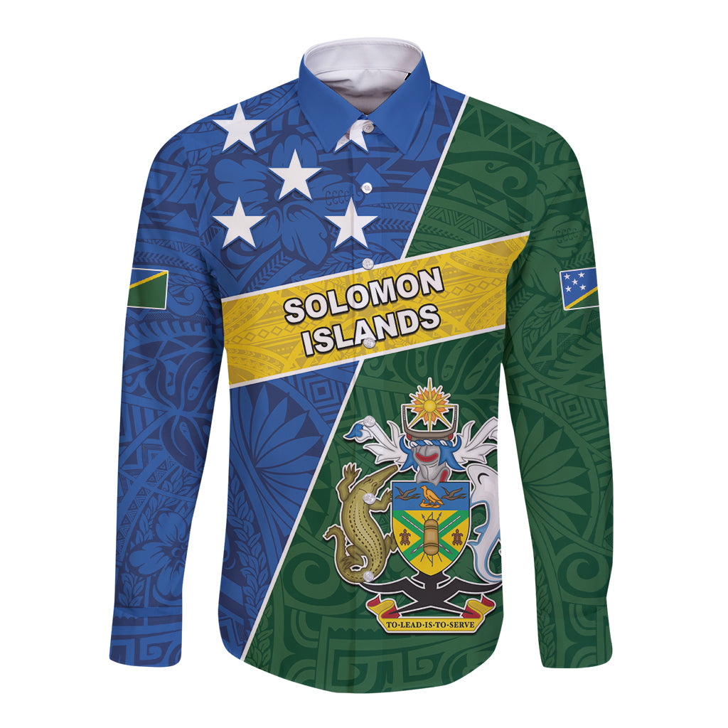 Personalised Solomon Islands Independence Day Long Sleeve Button Shirt With Coat Of Arms