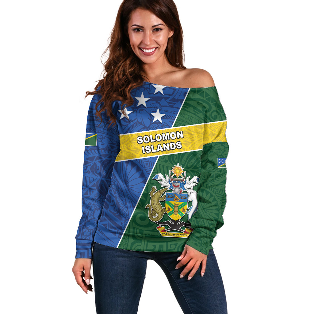 Personalised Solomon Islands Independence Day Off Shoulder Sweater With Coat Of Arms