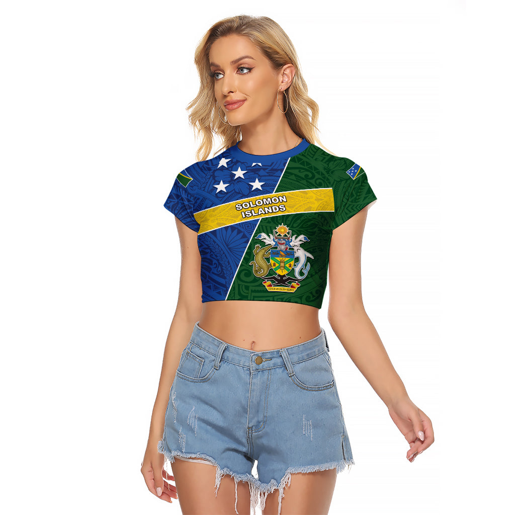Personalised Solomon Islands Independence Day Raglan Cropped T Shirt With Coat Of Arms