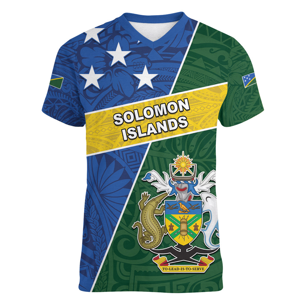 Personalised Solomon Islands Independence Day Women V-Neck T-Shirt With Coat Of Arms