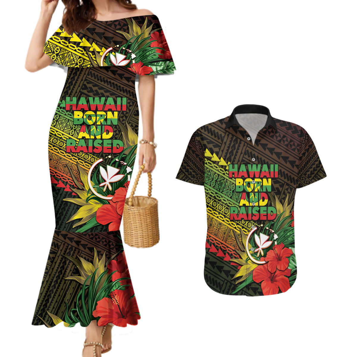 Personalized Hawaii Born and Raised Couples Matching Mermaid Dress and Hawaiian Shirt Kanaka Maoli Flag Day