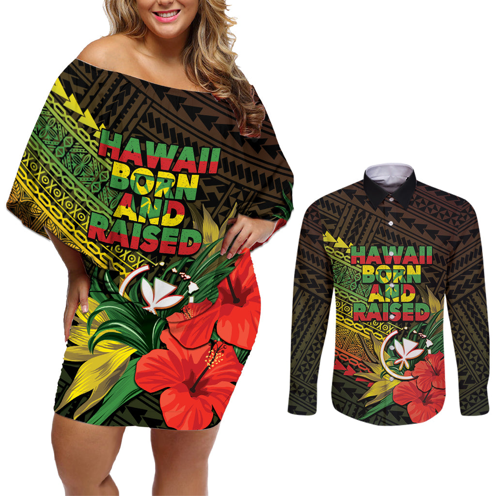 Personalized Hawaii Born and Raised Couples Matching Off Shoulder Short Dress and Long Sleeve Button Shirt Kanaka Maoli Flag Day