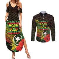 Personalized Hawaii Born and Raised Couples Matching Summer Maxi Dress and Long Sleeve Button Shirt Kanaka Maoli Flag Day