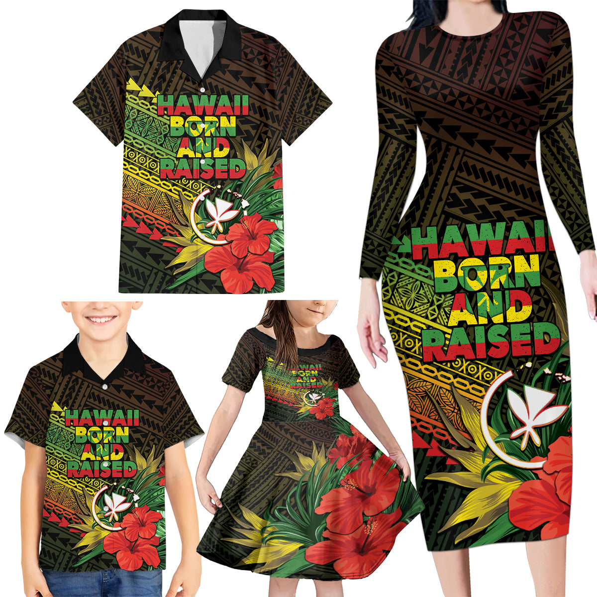 Personalized Hawaii Born and Raised Family Matching Long Sleeve Bodycon Dress and Hawaiian Shirt Kanaka Maoli Flag Day