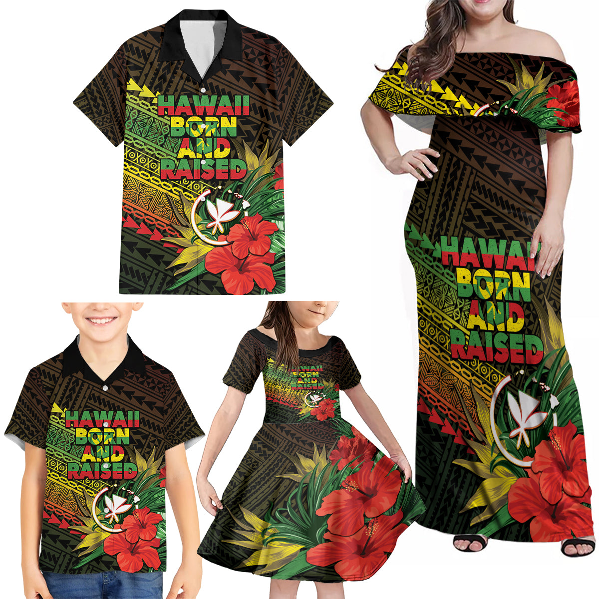 Personalized Hawaii Born and Raised Family Matching Off Shoulder Maxi Dress and Hawaiian Shirt Kanaka Maoli Flag Day