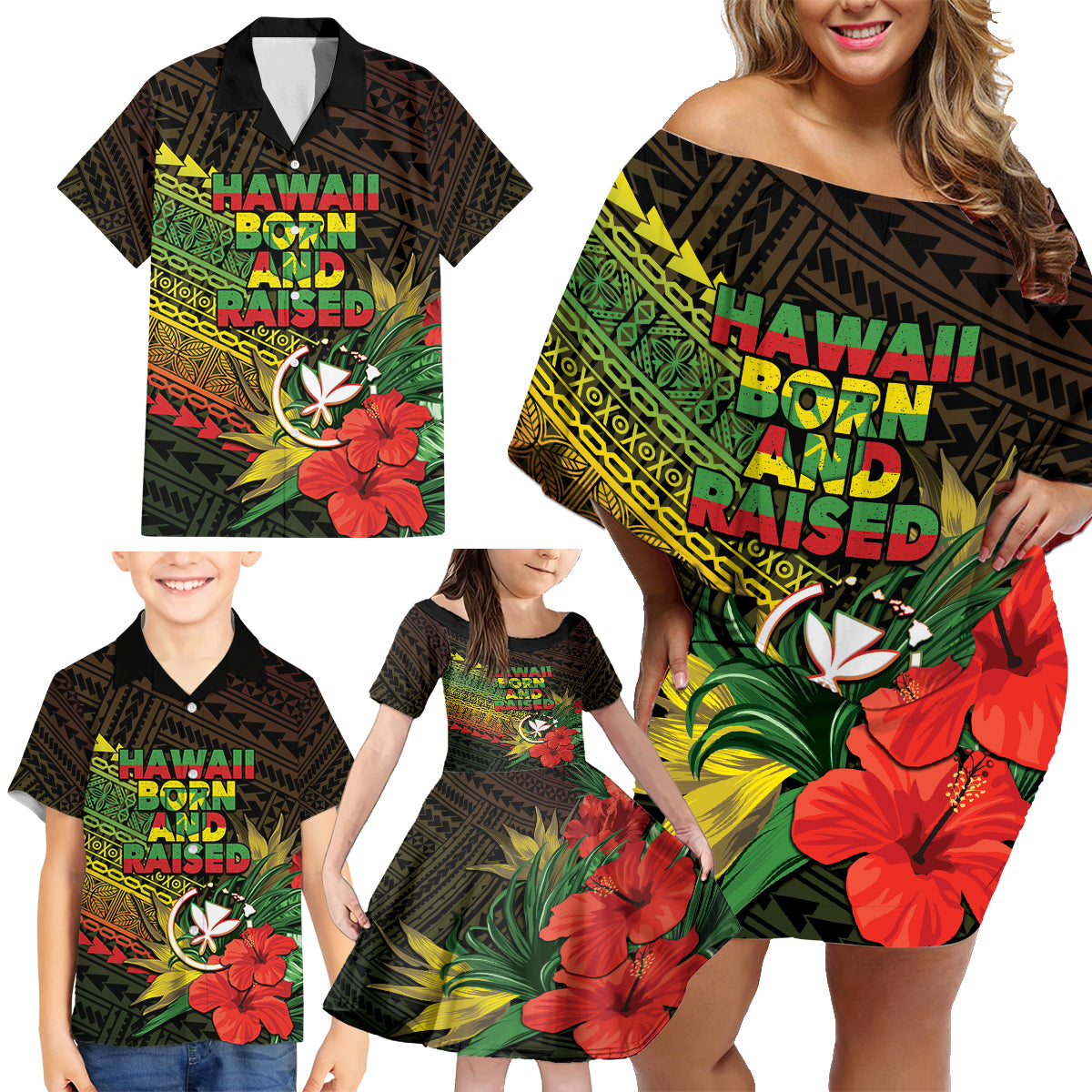 Personalized Hawaii Born and Raised Family Matching Off Shoulder Short Dress and Hawaiian Shirt Kanaka Maoli Flag Day