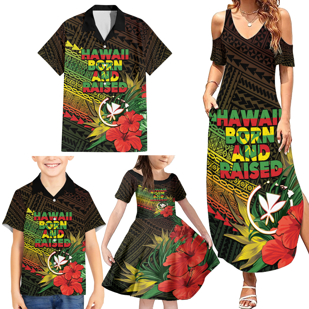 Personalized Hawaii Born and Raised Family Matching Summer Maxi Dress and Hawaiian Shirt Kanaka Maoli Flag Day