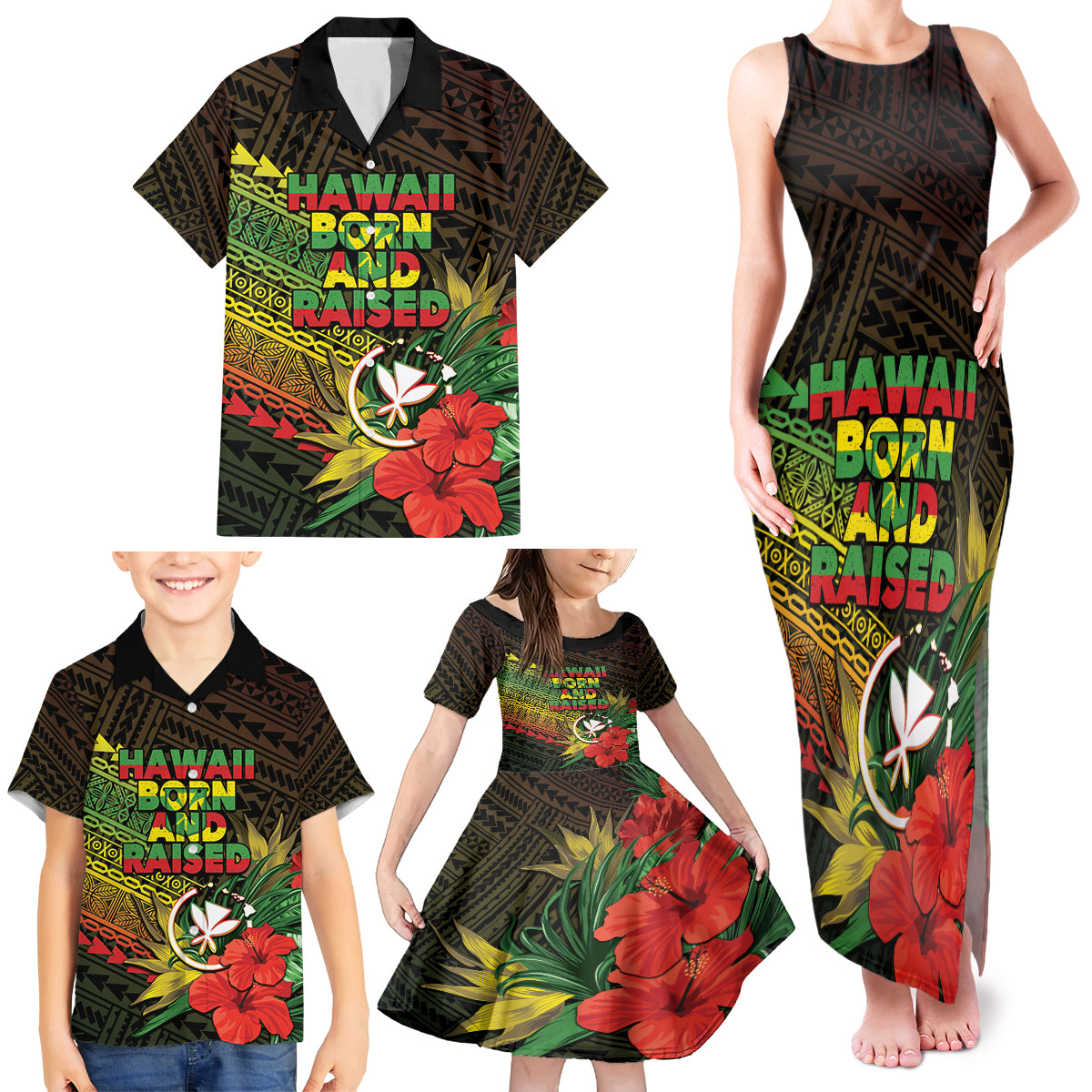 Personalized Hawaii Born and Raised Family Matching Tank Maxi Dress and Hawaiian Shirt Kanaka Maoli Flag Day