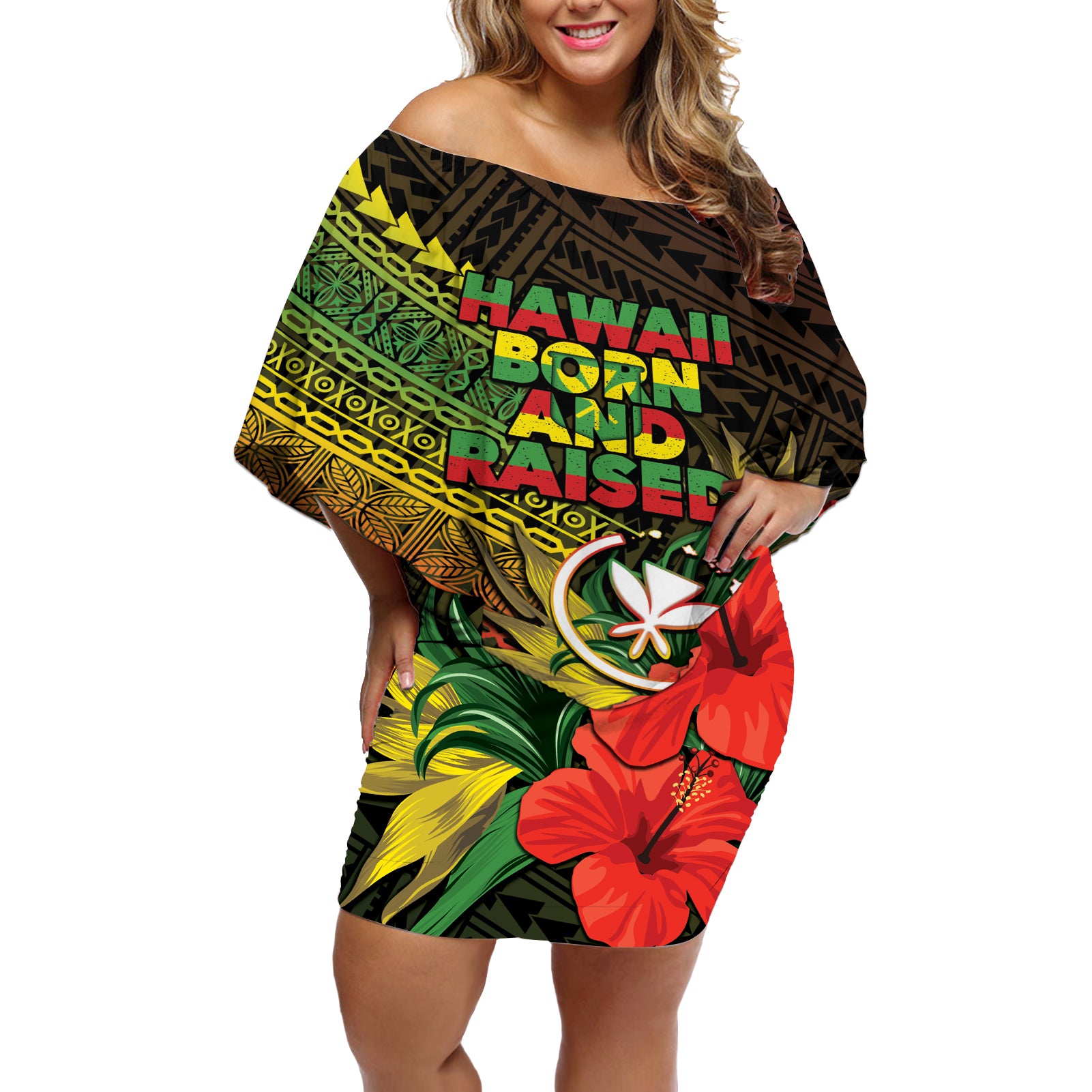 Personalized Hawaii Born and Raised Off Shoulder Short Dress Kanaka Maoli Flag Day