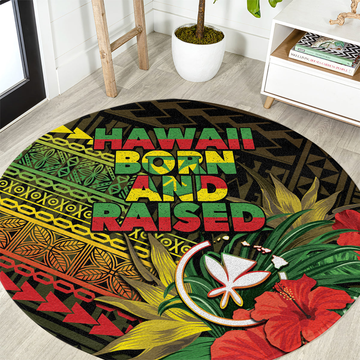 Hawaii Born and Raised Round Carpet Kanaka Maoli Flag Day