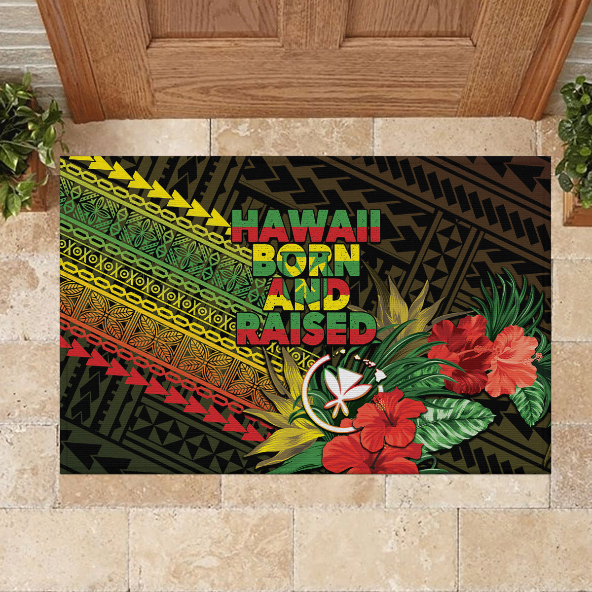 Hawaii Born and Raised Rubber Doormat Kanaka Maoli Flag Day