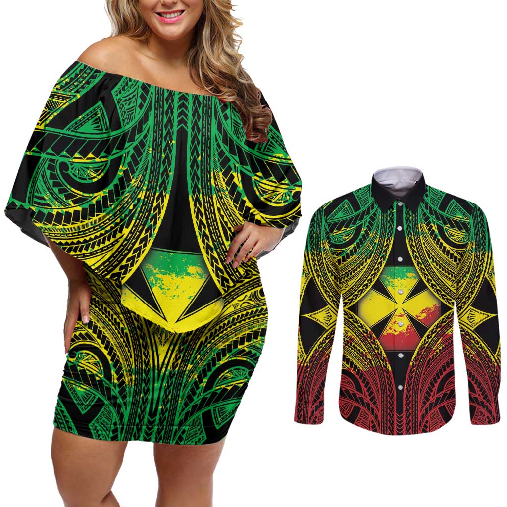 Personalised Wallis and Futuna Territory Day Couples Matching Off Shoulder Short Dress and Long Sleeve Button Shirt Polynesian Pattern Simple Style