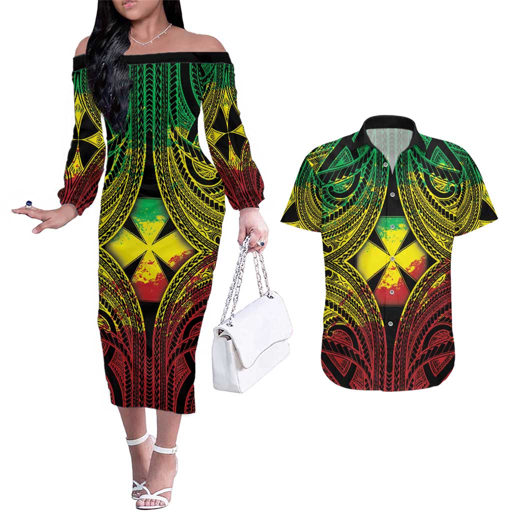 Personalised Wallis and Futuna Territory Day Couples Matching Off The Shoulder Long Sleeve Dress and Hawaiian Shirt Polynesian Pattern Simple Style