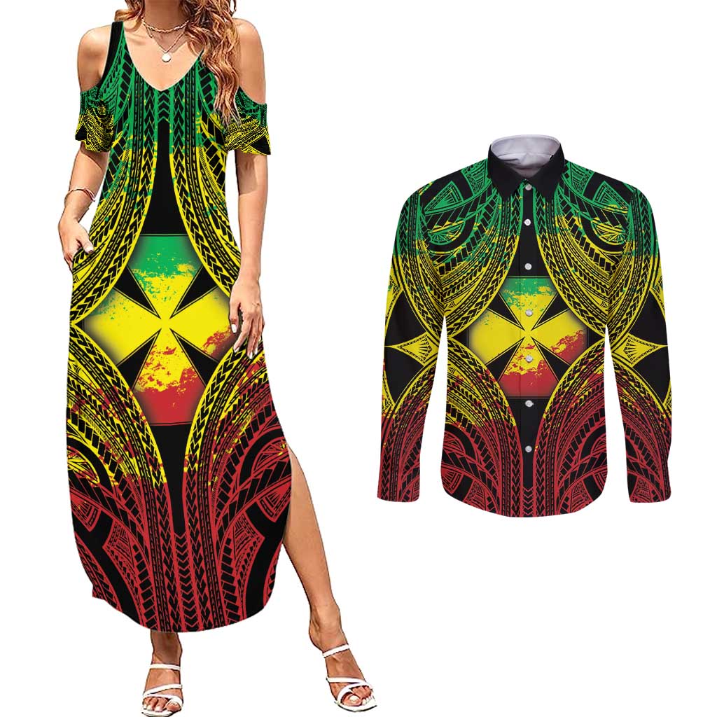 Personalised Wallis and Futuna Territory Day Couples Matching Summer Maxi Dress and Long Sleeve Button Shirt Polynesian Pattern Simple Style