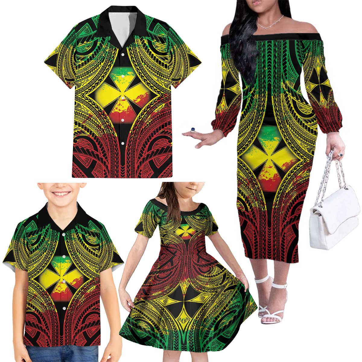 Personalised Wallis and Futuna Territory Day Family Matching Off The Shoulder Long Sleeve Dress and Hawaiian Shirt Polynesian Pattern Simple Style