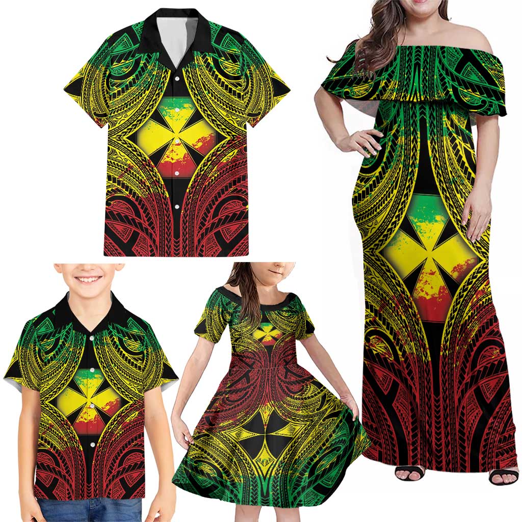 Personalised Wallis and Futuna Territory Day Family Matching Off Shoulder Maxi Dress and Hawaiian Shirt Polynesian Pattern Simple Style